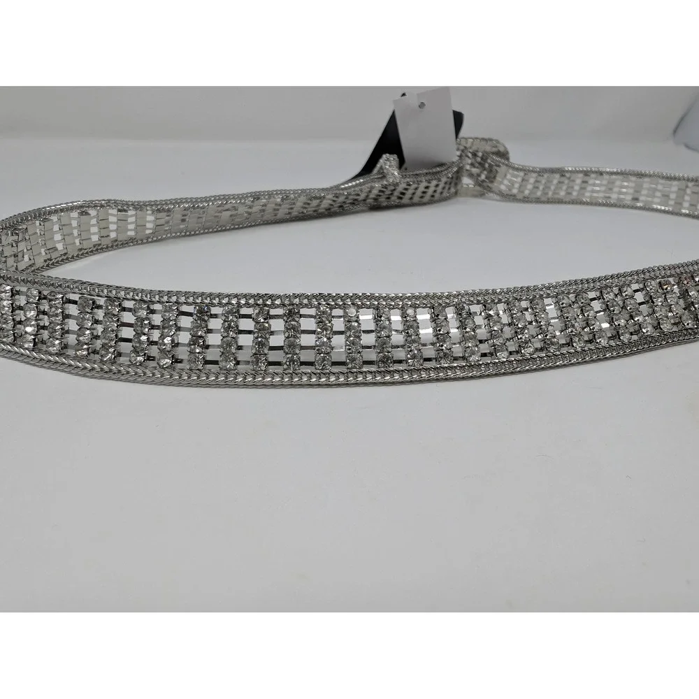 INC International Concepts Silver Rhinestone Chain Belt Size‎ S Y2K McBling 90s
